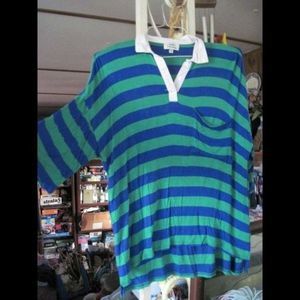 Twine & String Blue & Green Striped Collared Shirt Pocket Mark Small Feels Large